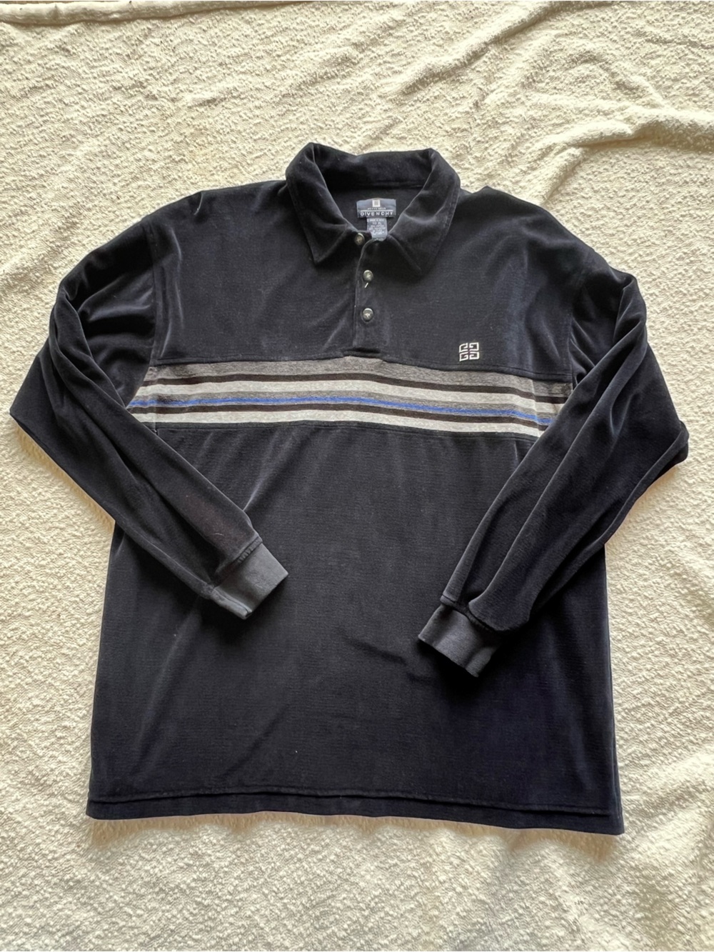 Vintage Givenchy Activewear Velour Polo Shirt XL Black Striped Long Sleeve